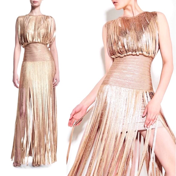 💔SOLD $2,350 Hervé Léger Selena Gold Fringe Gown - Picture 2 of 14